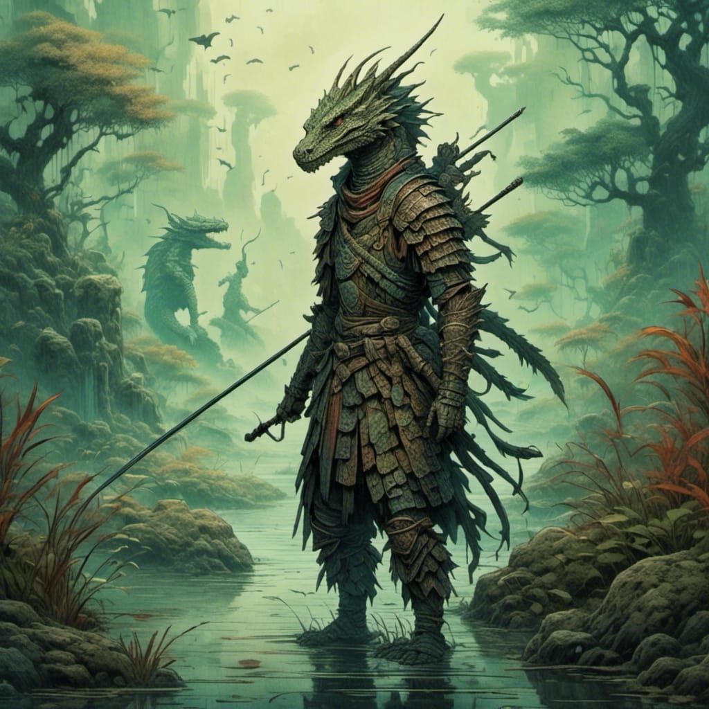 Lizardfolk Ranger with Dragon in Misty Marsh