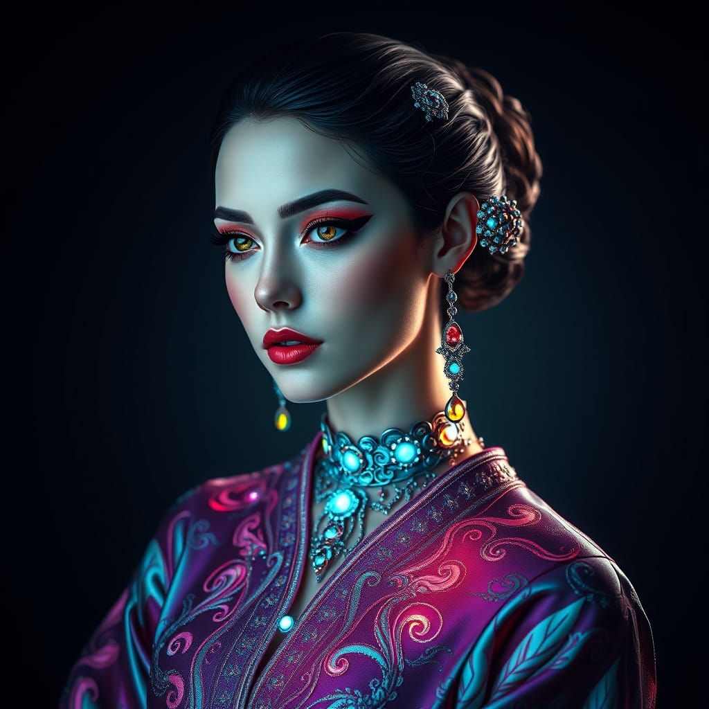 Ethereal Woman in Iridescent Regalia