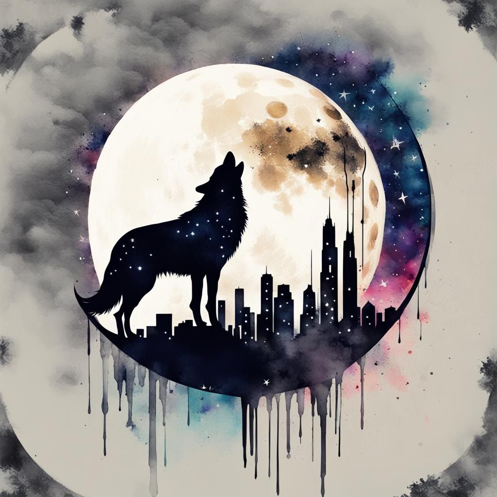 Wolf Howling at Moonlit City, Double Exposure