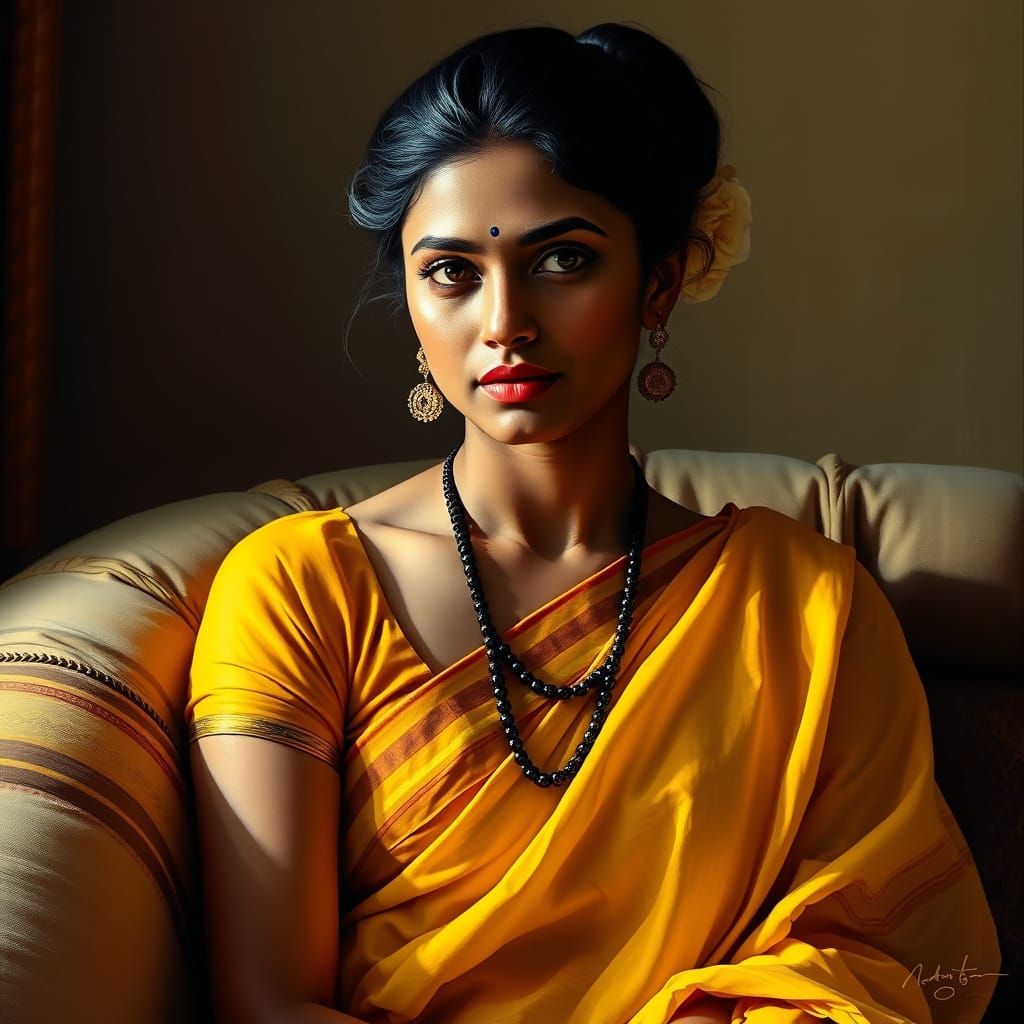 Stunning Indian Woman in Yellow Saree on Sofa