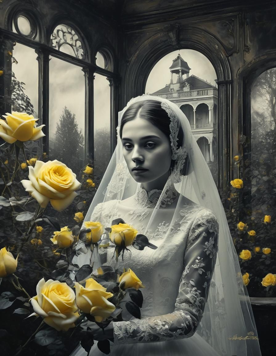 Mystical Double Exposure: Mansion, Bride, Roses in Oil