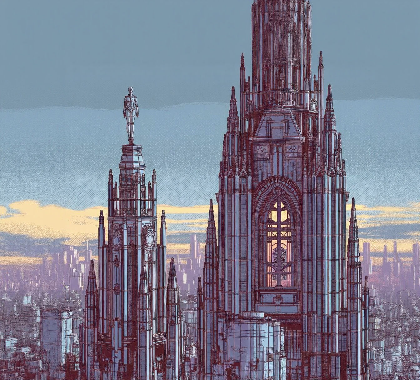 Female Robot on Clockwork Cathedral Overlooking Cyberpunk Ci...