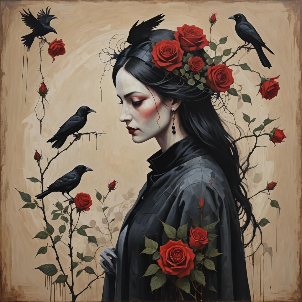 Abstract Surrealism: Lady, Crow, and Rose