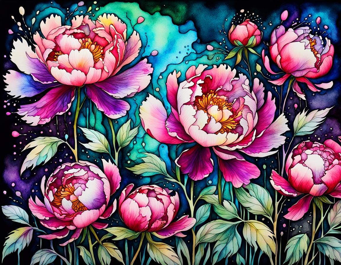 Peonies in Watercolor and Ink with Alcohol Ink Splashes