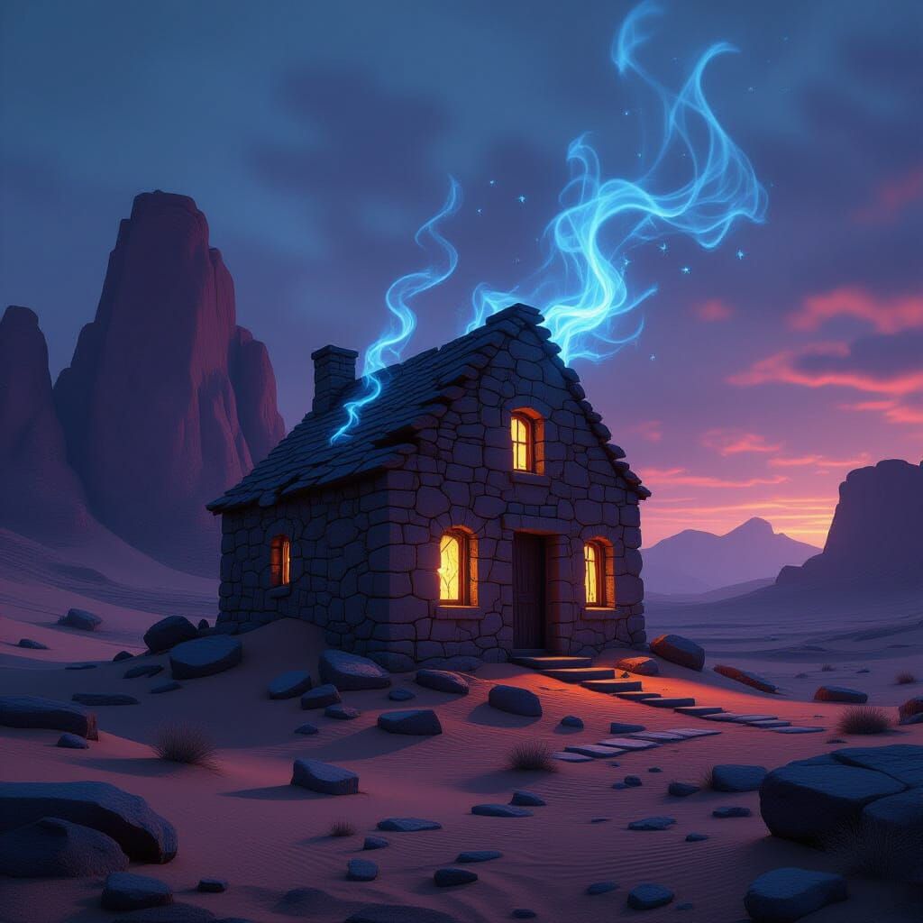 Ancient Stone House in Surreal Desert Twilight
