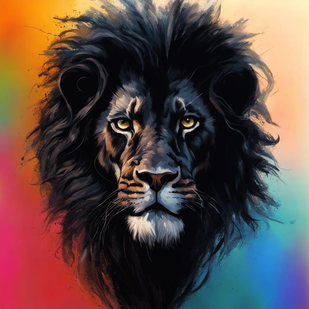 Hyperrealistic Black Lion Head in Splash Art Style