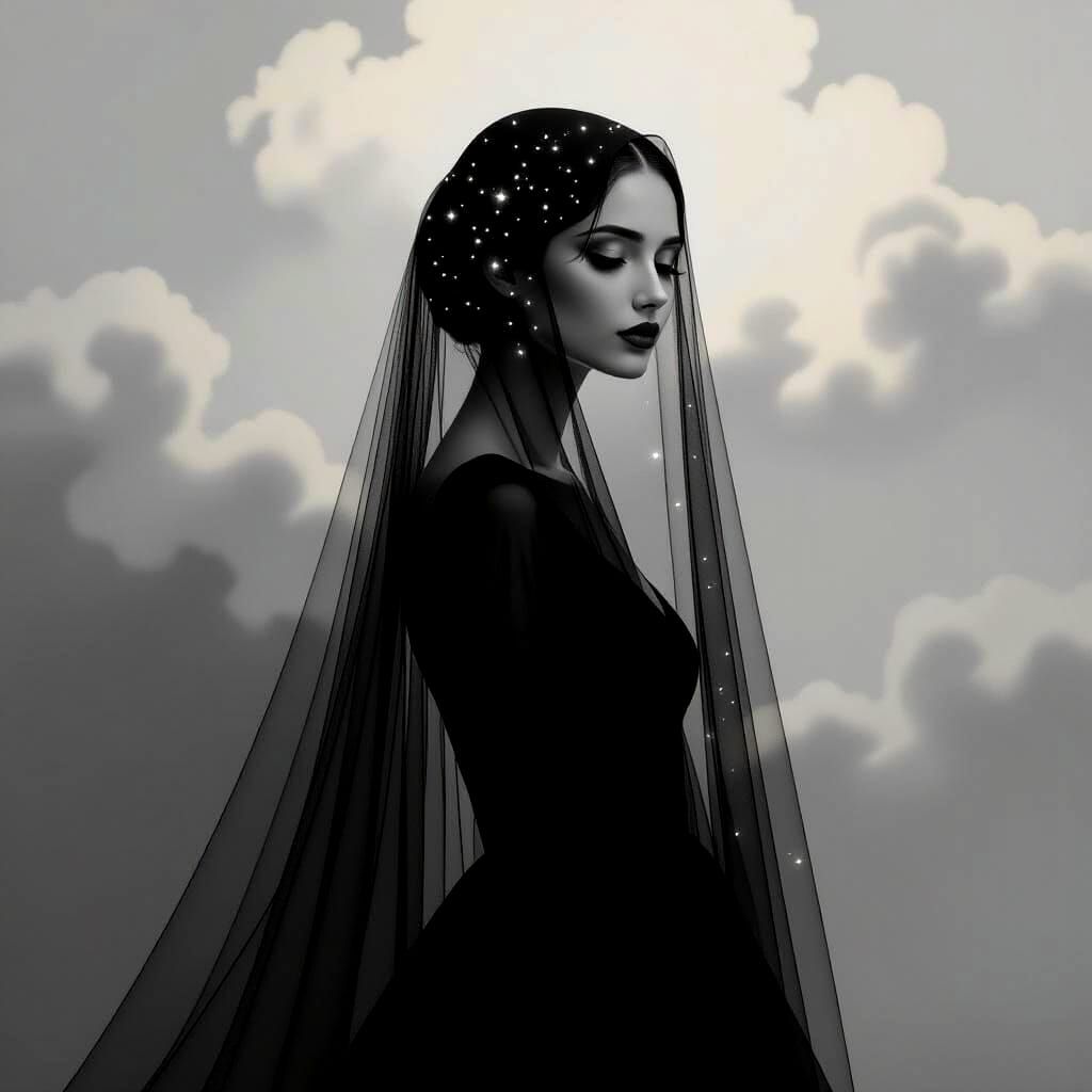 Woman in Veil: Surreal Black and White Portrait