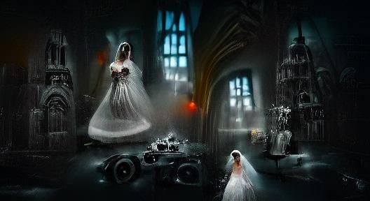 Ghost Bride in Gothic Library: Digital Art