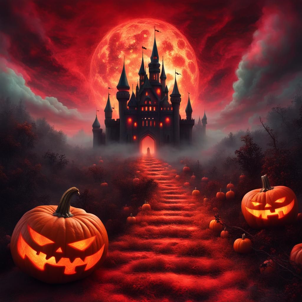 Evil Castle with Pumpkin Trail in Cartoon Style