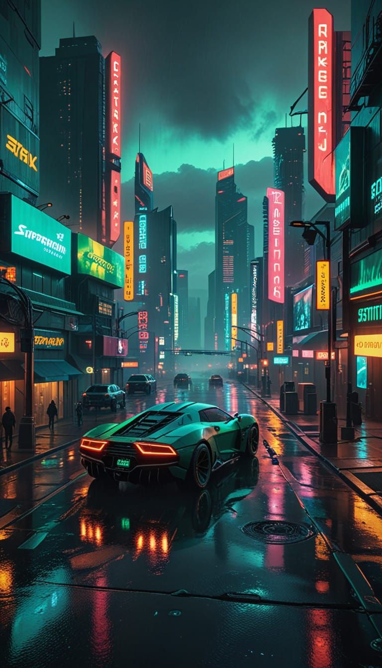 Cyberpunk Cityscape in Vibrant Neon Colors at Dusk