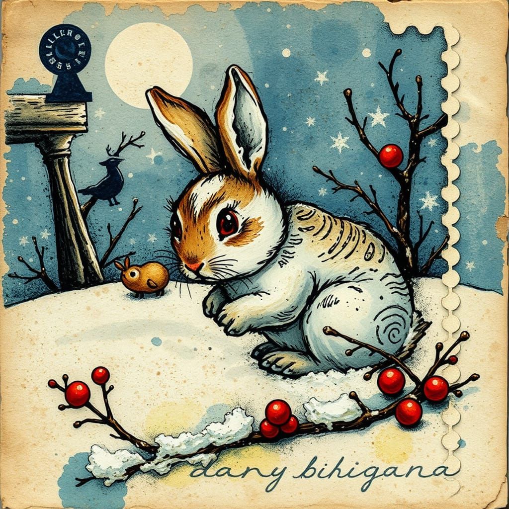 Vibrant Snow Bunny in a Grungy Antique Setting