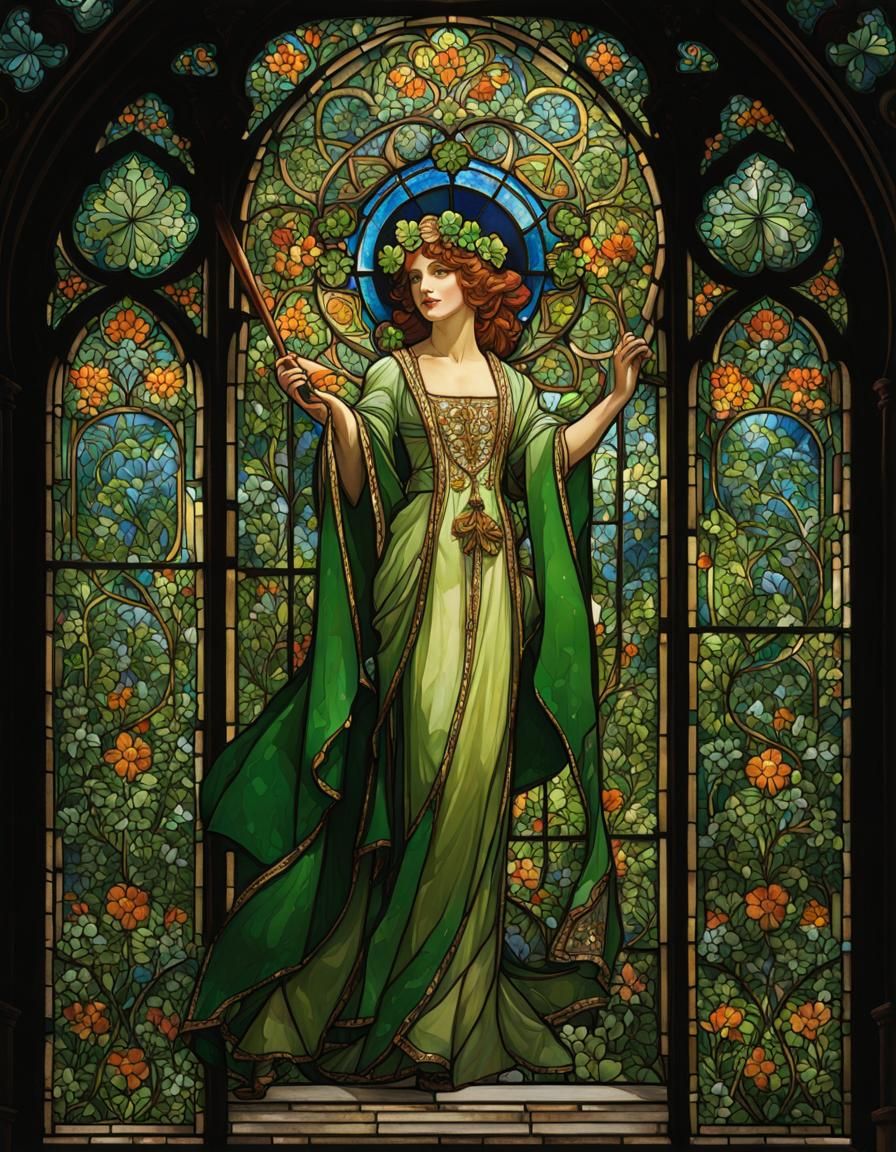 Stained-Glass Shamrock in Art Nouveau Style