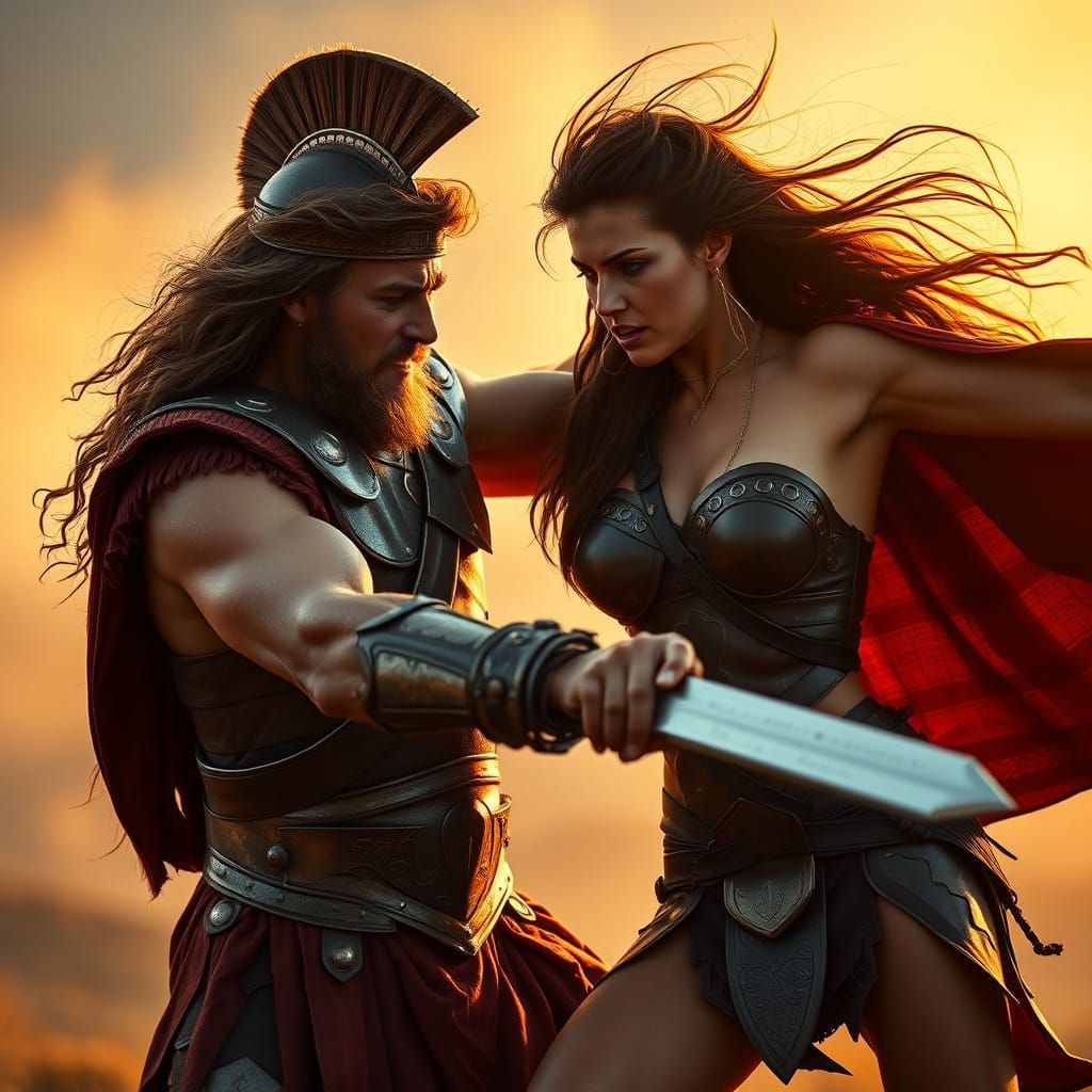 Hercules Battles a Fierce Amazon Warrior in Golden Hour