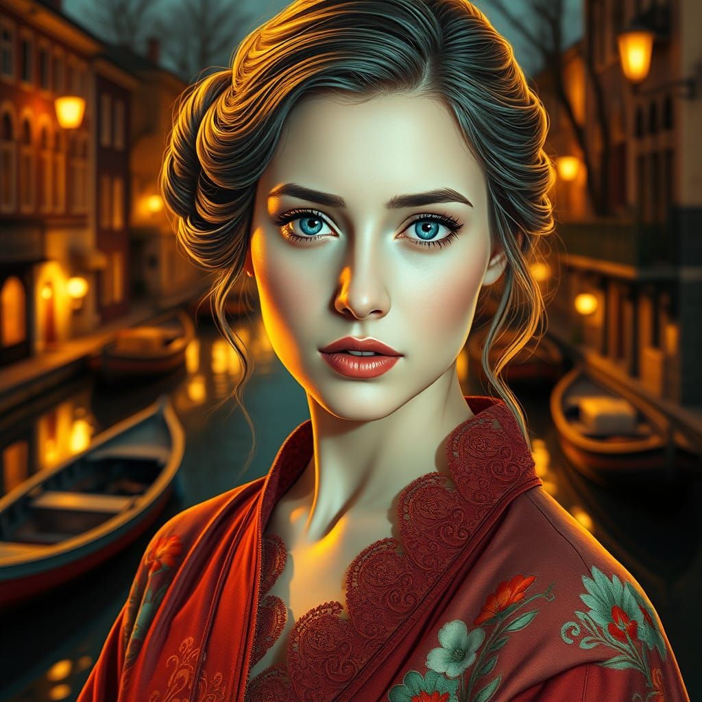 Elegant Ukrainian Woman in Vintage Nighttime Canal Scene, Ha...