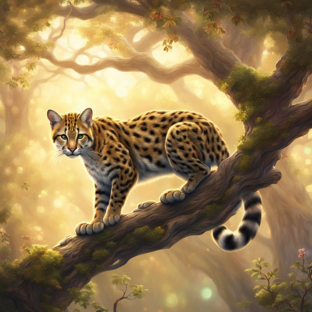 Ocelot in Dreamy Forest, Thomas Kinkade Style