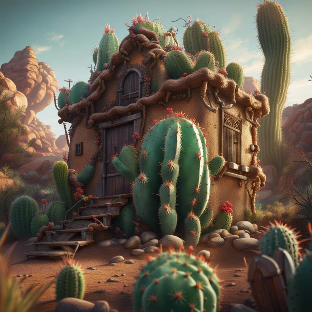 Giant Cactus Consumes House: Fantastical Concept Art
