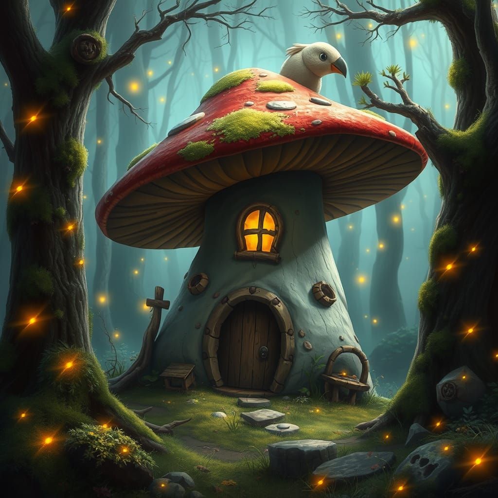 Enchanted Mushroom Birdhouse in Magical Forest