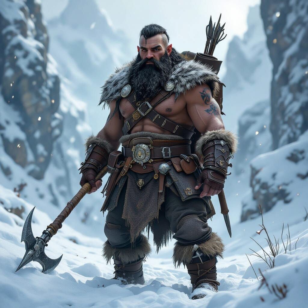 Mystical Mountain Dwarf in Snow, Fantasy Art