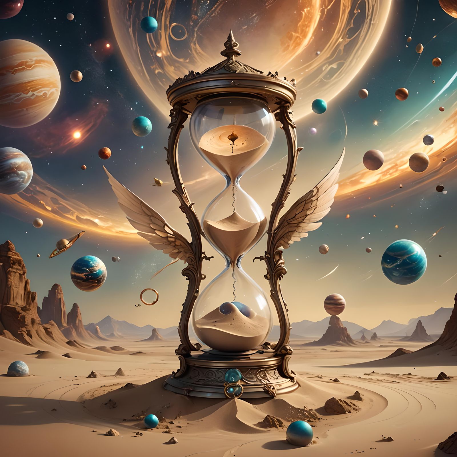 Winged Hourglass with Orbiting Planets, Fantasy Concept Art