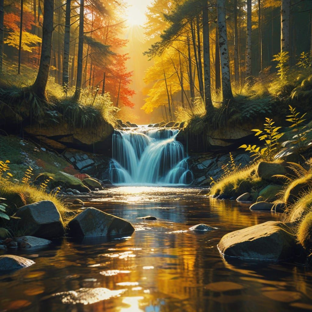 Vibrant Fall Waterfall Stream in Symmetrical Pop Art Style