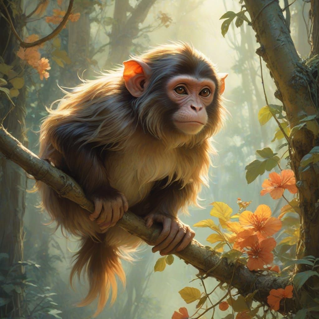 Whimsical Watercolor Monkey Amidst Magical Blooms