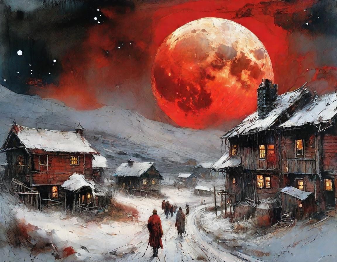 Red Moon Over Christmas Village in Romantic Style