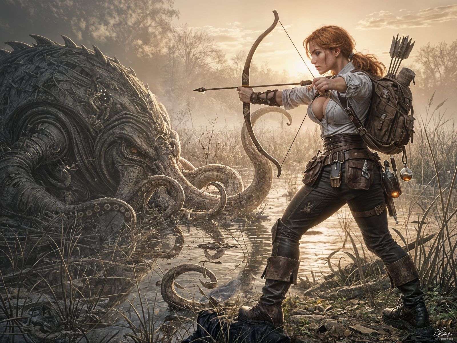 Ginger Adventuress Aims Bow at Marshland Monster