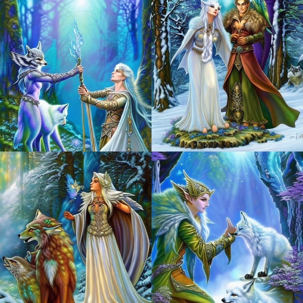 Elves with Snow Animals in Fairy Forest