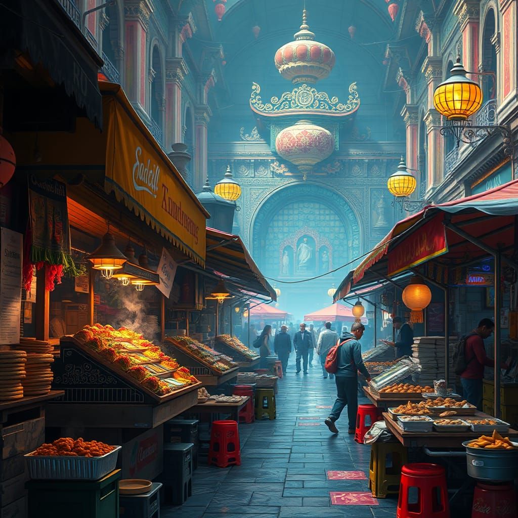 Vibrant Market Scene with Street Food Vendors