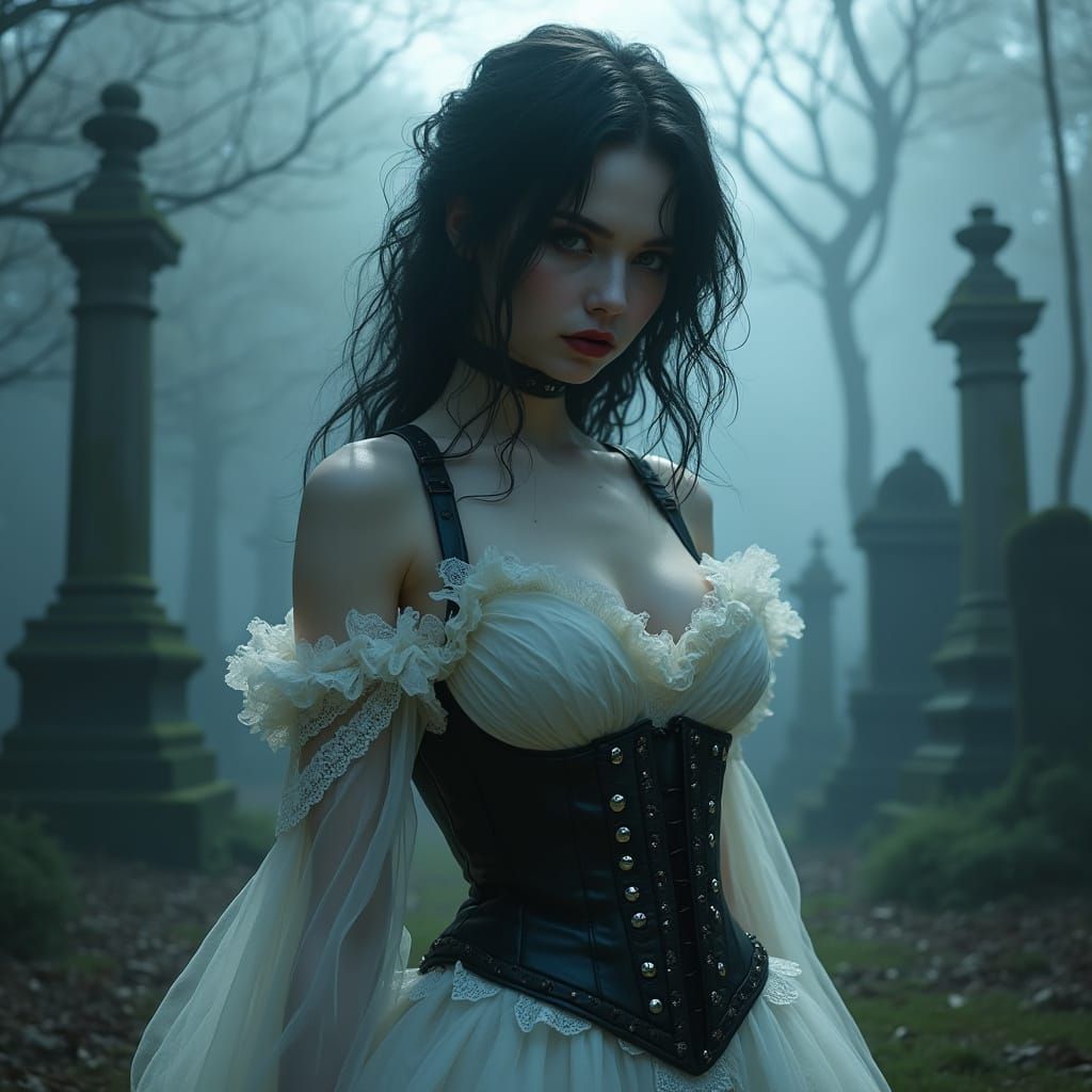 Gothic Woman in Misty Graveyard