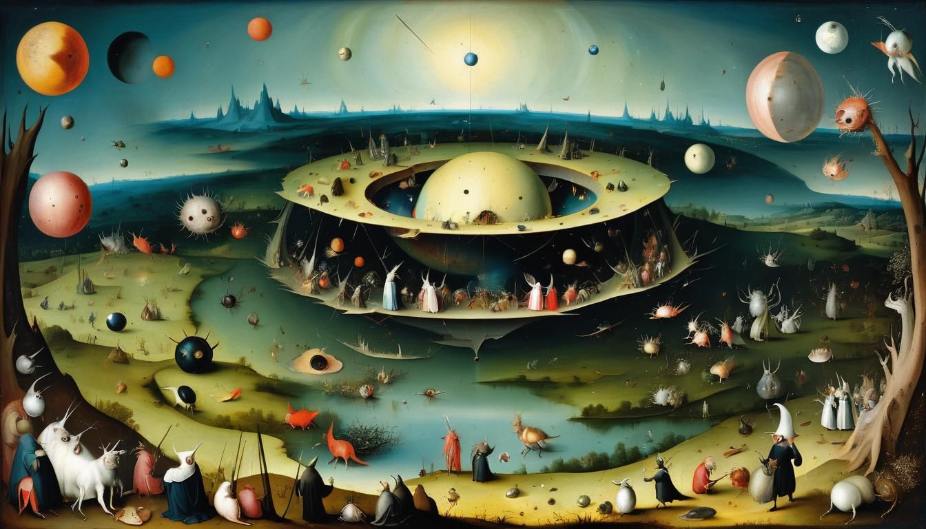 Exoplanet Landscape in Style of Bosch Painting