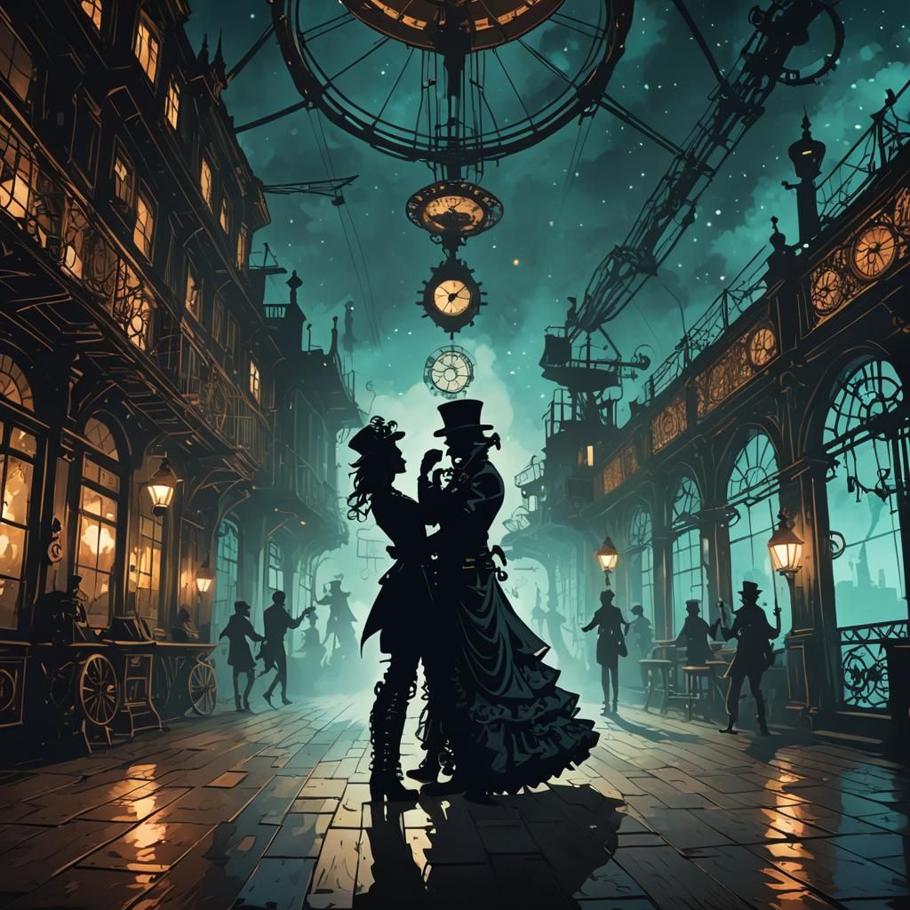 Steampunk Dance: Ink Wash Painting Silhouette