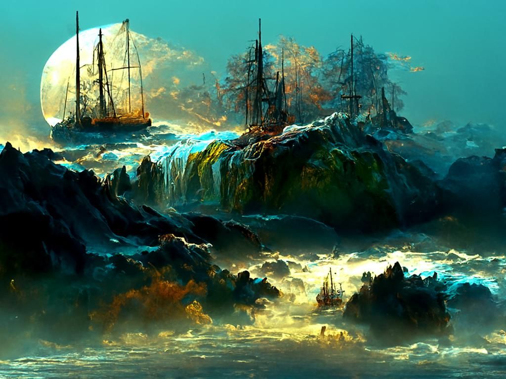 Haunted Ship on Dark Seas: Epic Landscape Painting