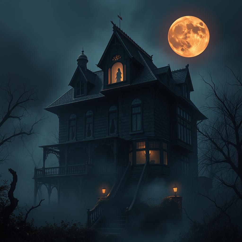 Haunted Mansion with Ghostly Girl Silhouette