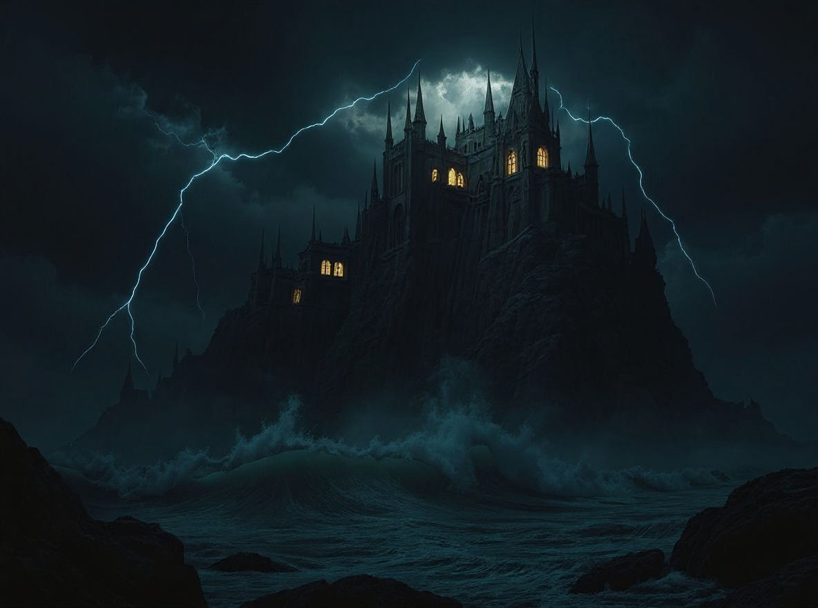 Stormy Sea and Gothic Castle Under Lightning Sky
