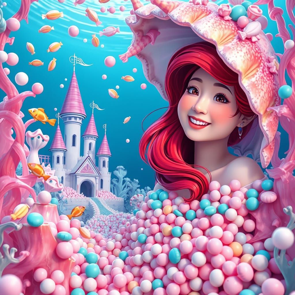 Surreal Ariel Cosplay Surrounded by Pastel Candies