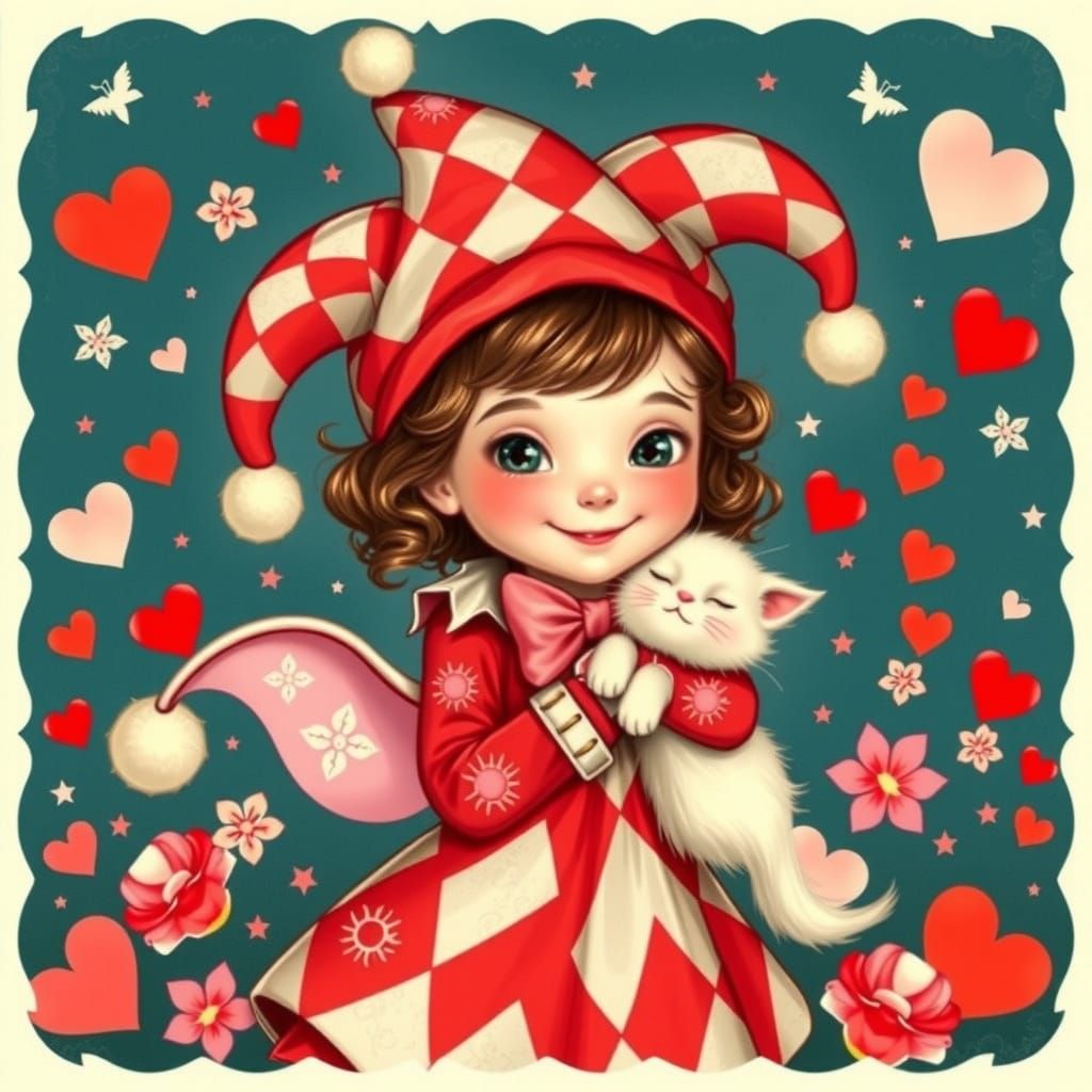 Whimsical Jester Girl Surrounded by Hearts and Flowers