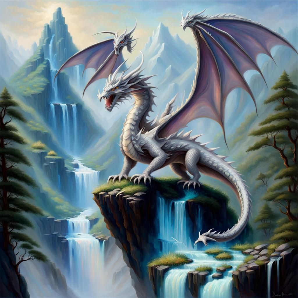 Silver Dragon on Crystalline Mountain as Oil Painting