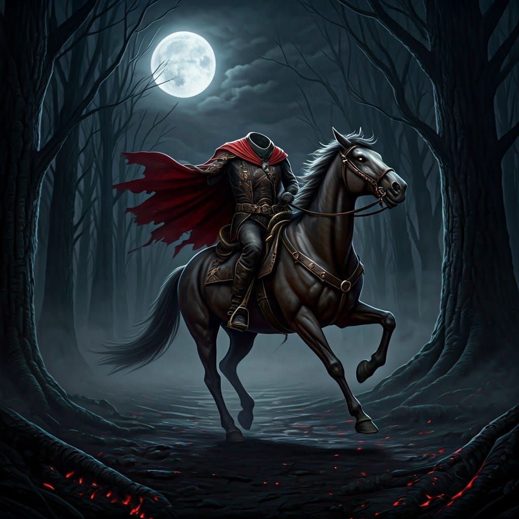 Headless Horseman in Hell Forest: Hyperrealistic Concept Art