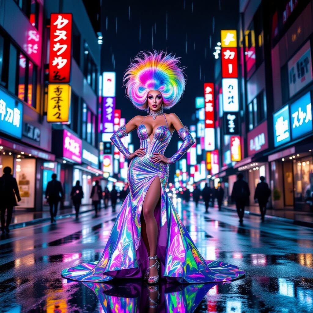 Drag Queen in Iridescent Gown on 1980s Tokyo Street