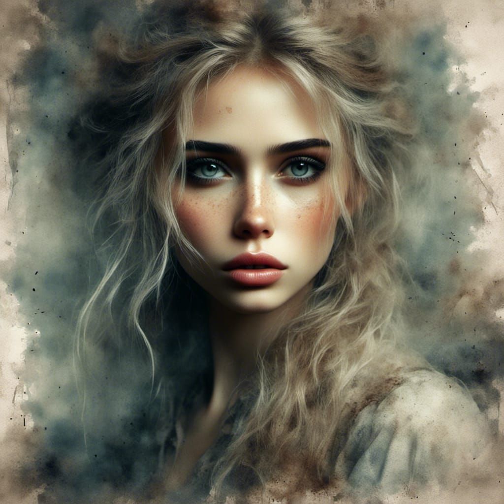 Gritty Watercolor Portrait in Antique Grunge Style