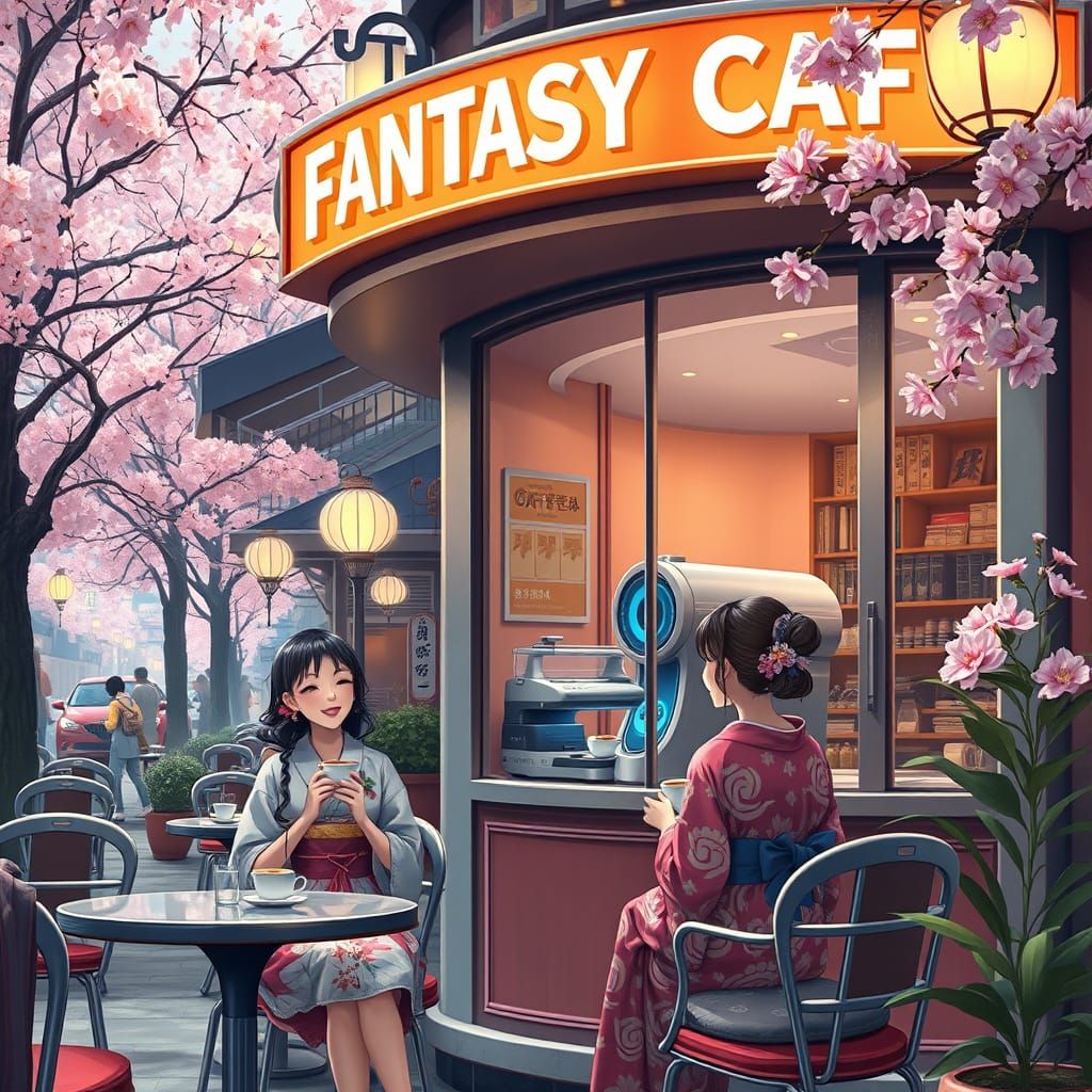 Enchanting Futuristic Japanese Cafe With Girls in Kimonos