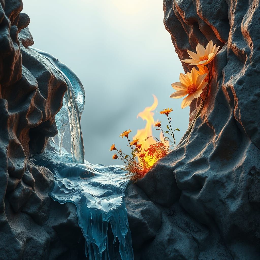 Surreal Rock Formation with Upward Water and Fire