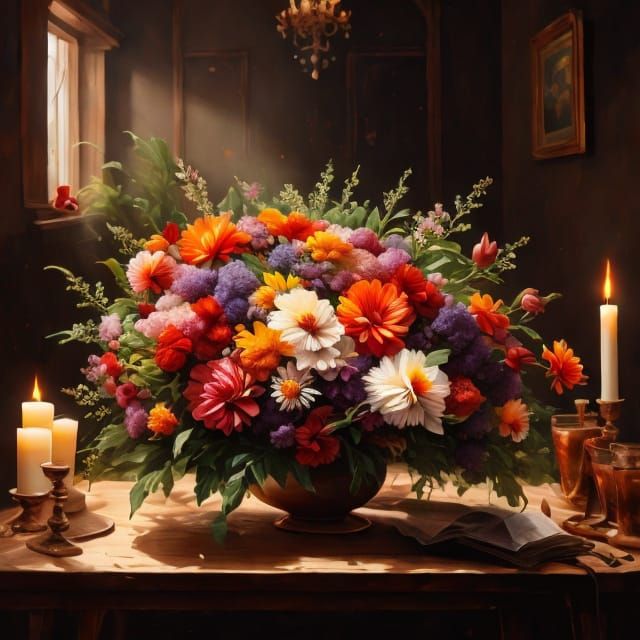 Chiaroscuro Bouquet with Rainbow Flowers