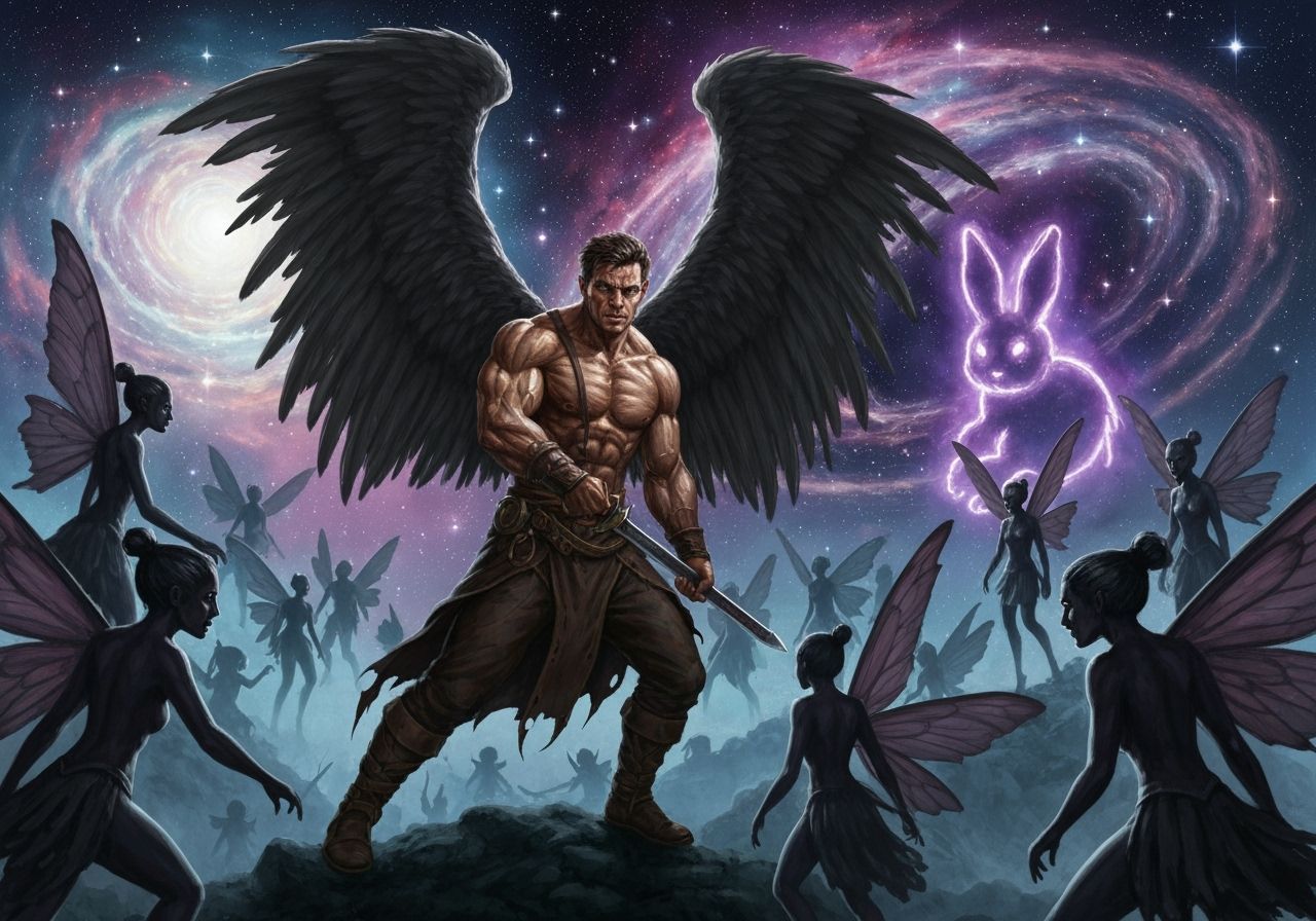 Gothic Angel Battling Dark Fairies in Starry Nebula