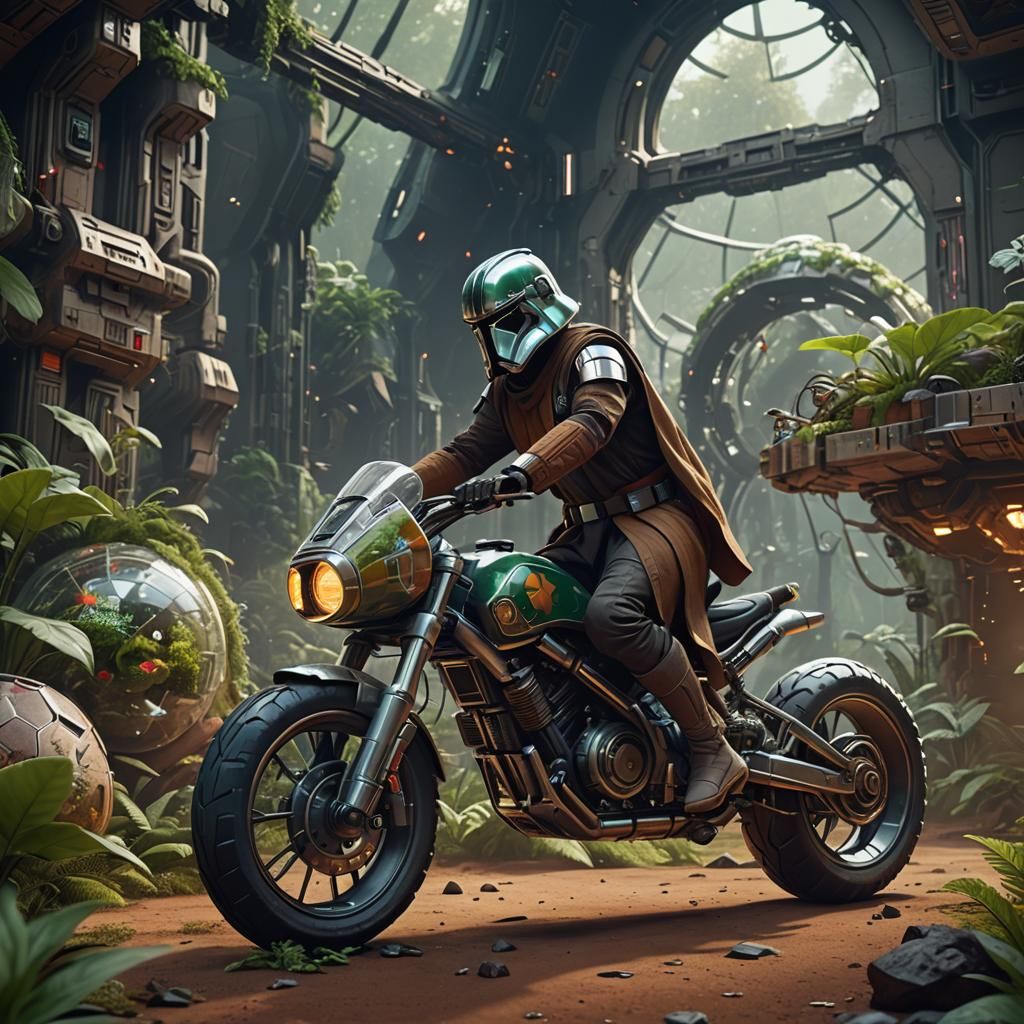 Jedi on Futuristic Bike in Terrarium, Detailed Matte Paintin...