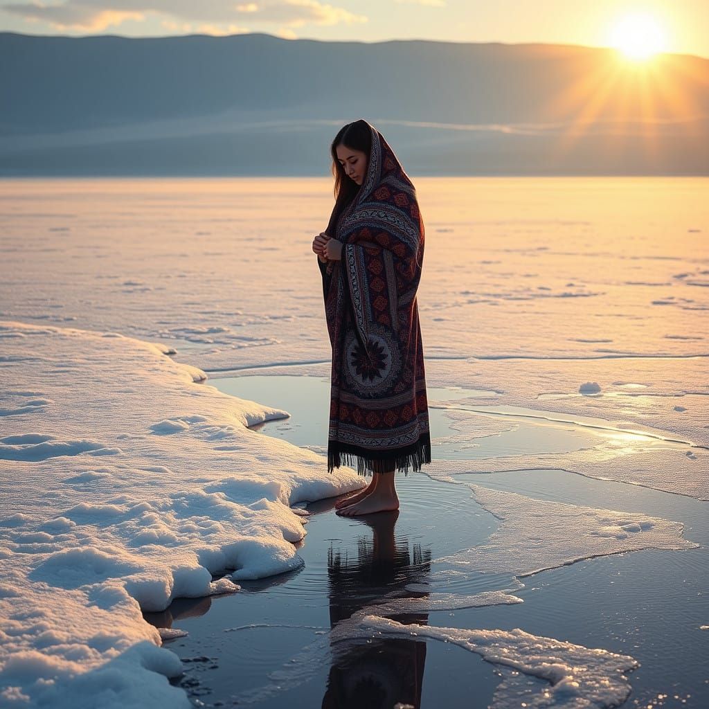 Mongolian Ice Bathing in Serene Snowy Landscape