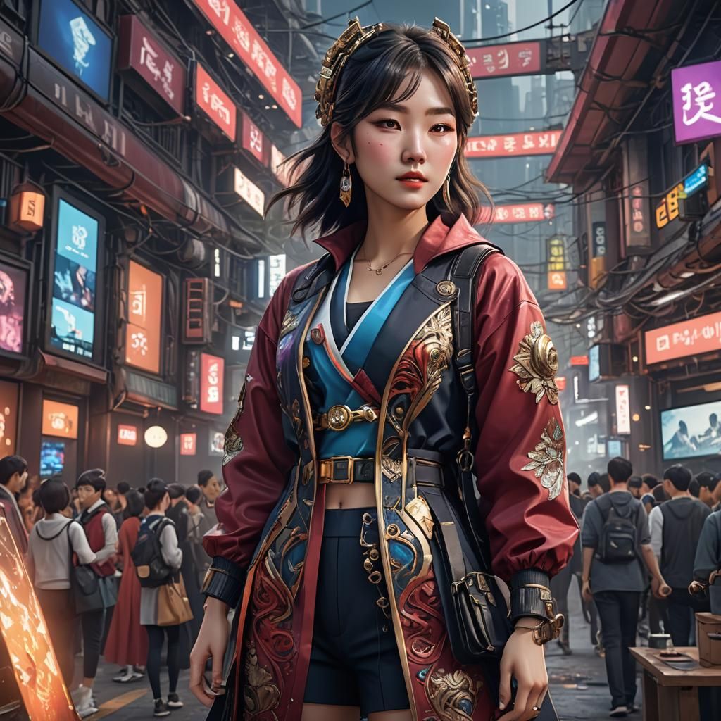 Korean Girl at Tech Event: Detailed Matte Painting