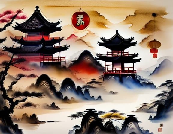 Ancient Japanese Temple in Chinese Ink and Watercolor