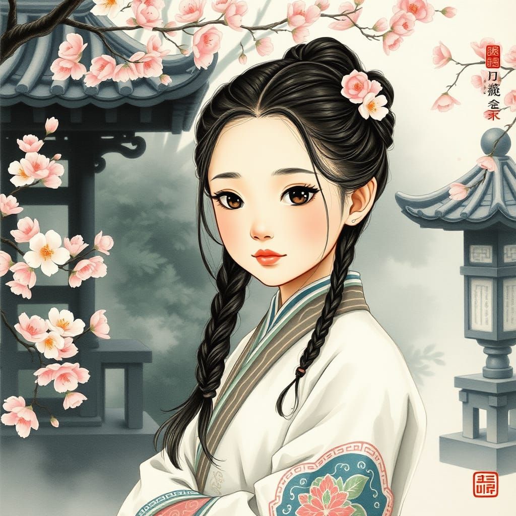 Chinese Girl in Serene Hanfu Garden